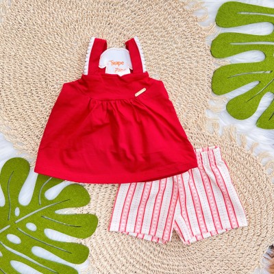  Conj. Regatinha com Pompons e Short Florzinhas - Vermelho